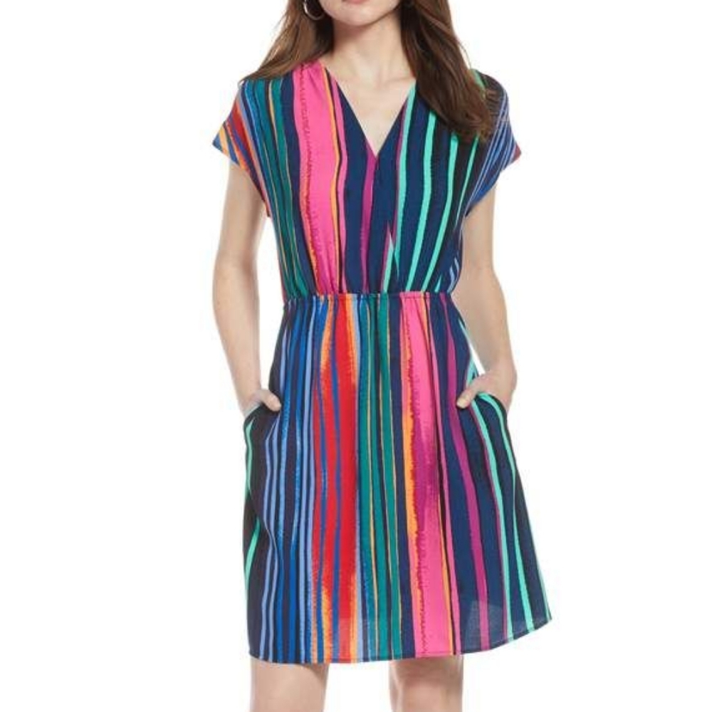 Halogen Faux Wrap Dress rainbow navy striped
